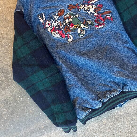 Vintage Taz Looney Toons Varsity Jacket Youth  L Plaid Acme RARE Streetwear 90's - Picture 2 of 8